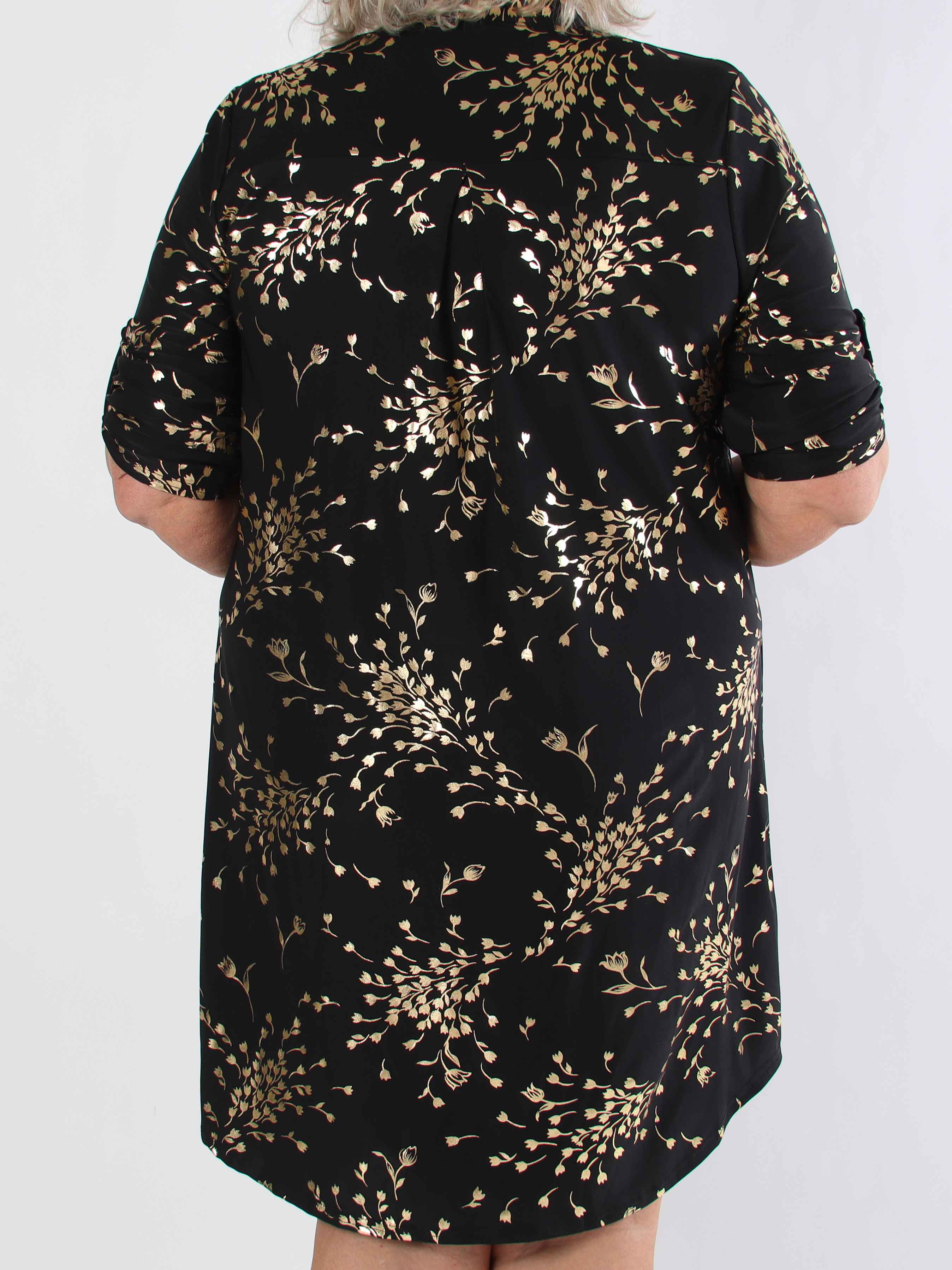 Ebba Gold Leaf Long - Elastisk enfärgad plus size klänning med guld blommigt mönster